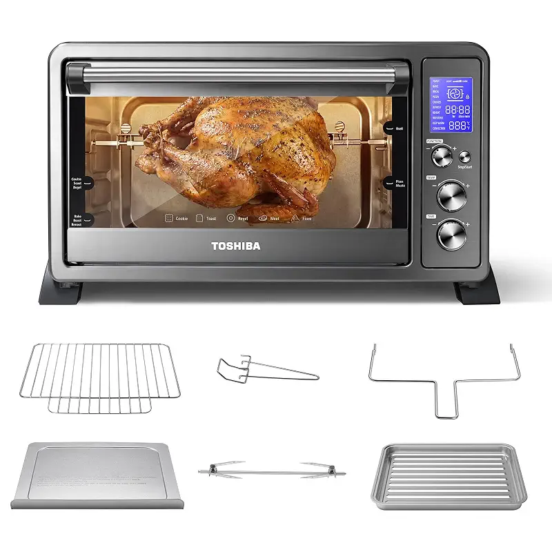 TOSHIBA 10-in-1 Convection Toaster Oven, 6-Slice Countertop Oven, 1500W | Bake, Broil, Rotisserie & Pizza Functions, LCD Knob Controls, 6 Accessories, with Toast, 1500W, Black Stainless Steel