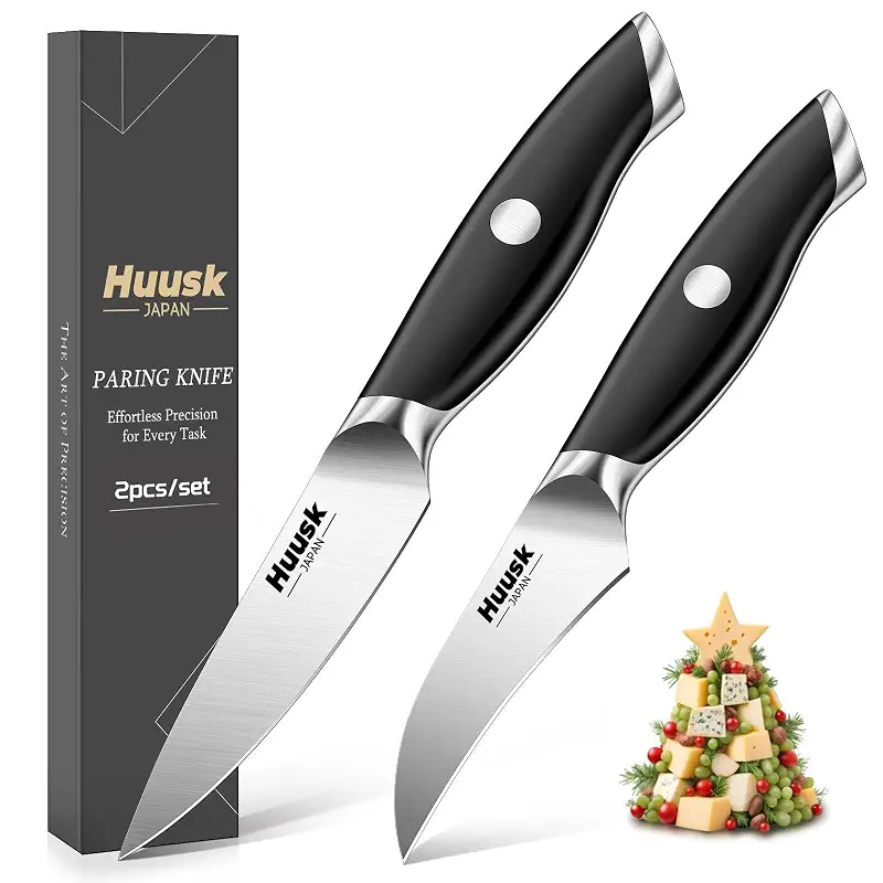 Huusk Paring Knife Set of 2 - Bird Beak Small Kitchen Knives Ergonomic Grip | Japanese Stainless Steel, Well-balanced, Sleek Black, Vegetable Fruit Cutting Hulling Coring Segmenting, Gift