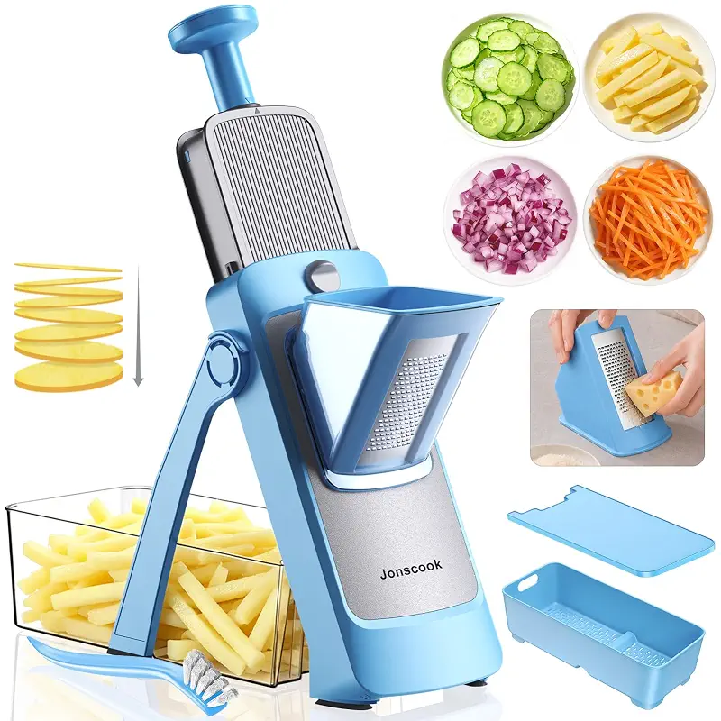 7-in-1 Safe Mandoline Slicer for Kitchen, Vegetable Slicer with Container | Adjustable Veggie Chopper Cutter, Upgraded Tray & Stainless Steel Grater & Basket & Lid & Cleaning Brush (Blue Pro)