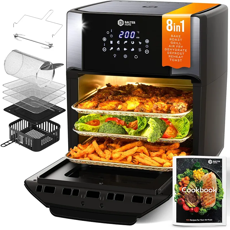 Balter Air Fryer Oven 6-in-1, 13 QT XXL Airfryer, stainless steel, Touchscreen, Rotisserie, Food Dehydrator, Convection Oven, Bake, Broil, Reheat, Windowed Door, Recipe Book