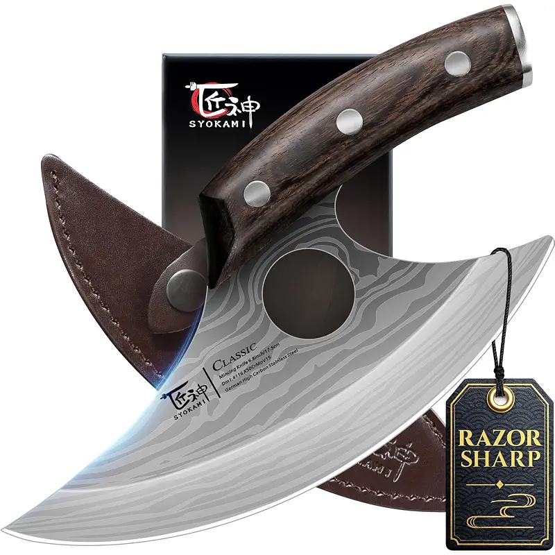SYOKAMI Lightweight Ulu Knife, Salad Rocker Chopper with Leather Sheath | Mezzaluna, Beginner-friendly, Vegetarian Essentials, Ergonomic handle, Cutter for Pizza Meat, Gift Box for Kitchen, Camping