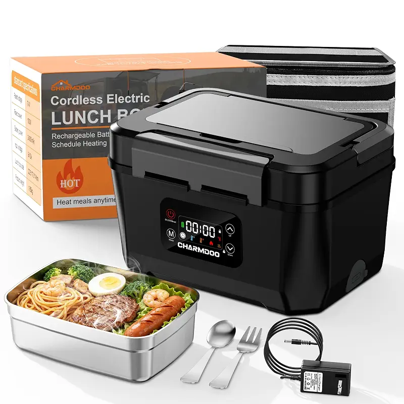 Cordless Electric Lunch Box for Adults, 24000mAh Rechargeable Food Warmer | CHARMDOO Battery Powered Self Heating LunchBox, Smart Heated Food Heater Portable for Office, Car, Outdoor, Work, Travel, Men
