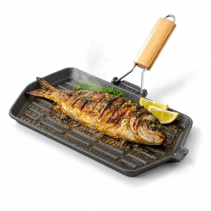 Sartén Para Freír Pescado, 14 x 8 in Cast Iron Fish Grill Pan | Rectangular ridged skillet with wood handle for fish fillets, seafood and vegetables on stovetops