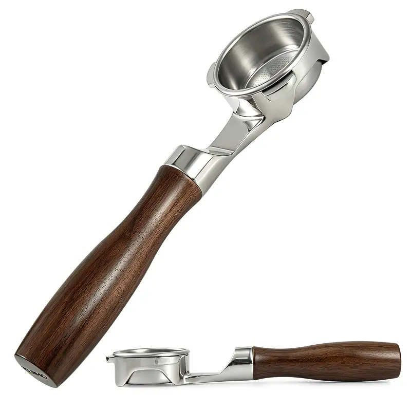 Bottomless Portafilter 54mm for Breville Barista | Walnut handle with lay-flat design helps prevent tipping during prep. Fits Express, Pro, Touch, Bambino Plus and Infuser
