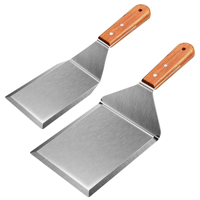 2 Pack Extra Wide Metal Spatula – Stainless Steel Griddle & Grill Turner with Flat Beveled Edge, Smash Burger Flipper for Cast Iron Skillet, Pizza & Pancake, Large BBQ Spatula with Wooden Handle