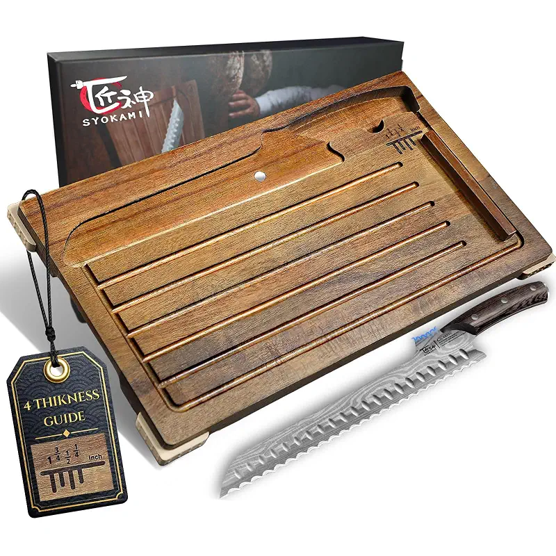 SYOKAMI Acacia Wood Bread Slicer with Bread Knife, Bread Board Bread Cutter | 4 Thickness Guide | Crumb Catcher | Offset Handle | Ergonomic Design | Gift Box for Homemade Bread Sourdough Baguettes