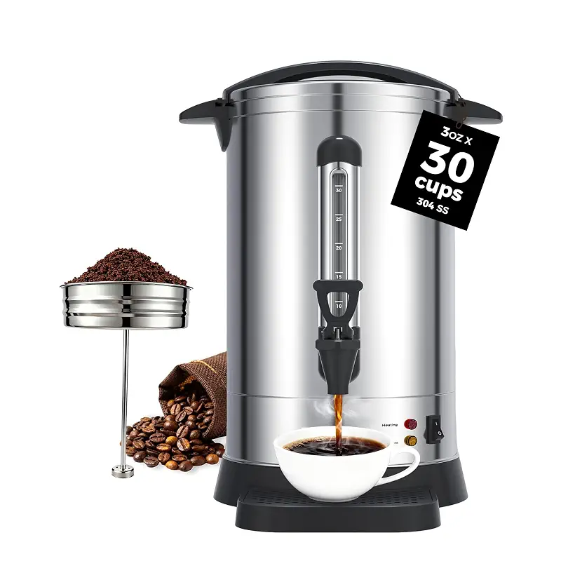 OSTBA 30-Cup Commercial Coffee Urn, 5.2L 304 Stainless Steel Percolator | 950W Fast-Brewing Coffee Maker and Hot Water Dispenser with Double-Wall Insulation for Home, Office, Catering and Events