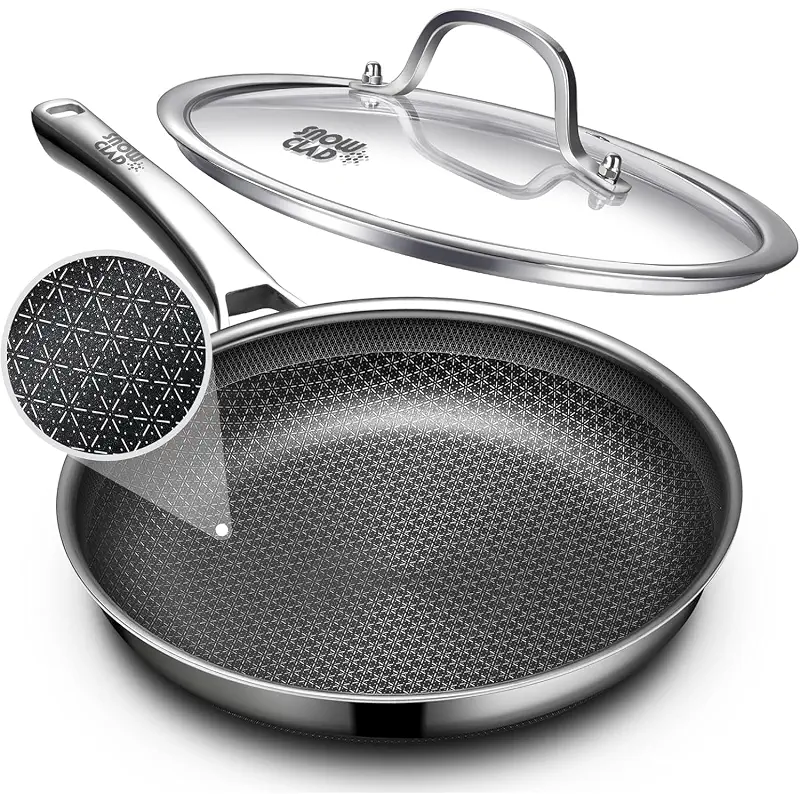 OATOFP Non Stick Frying Pans 12 inch, Hybrid Improved Version Frying Pan Nonstick with Lid, Stainless Steel Skillet, Dishwasher and Oven-Safe Chef & Quiche Pans, PFOA Free Cookware