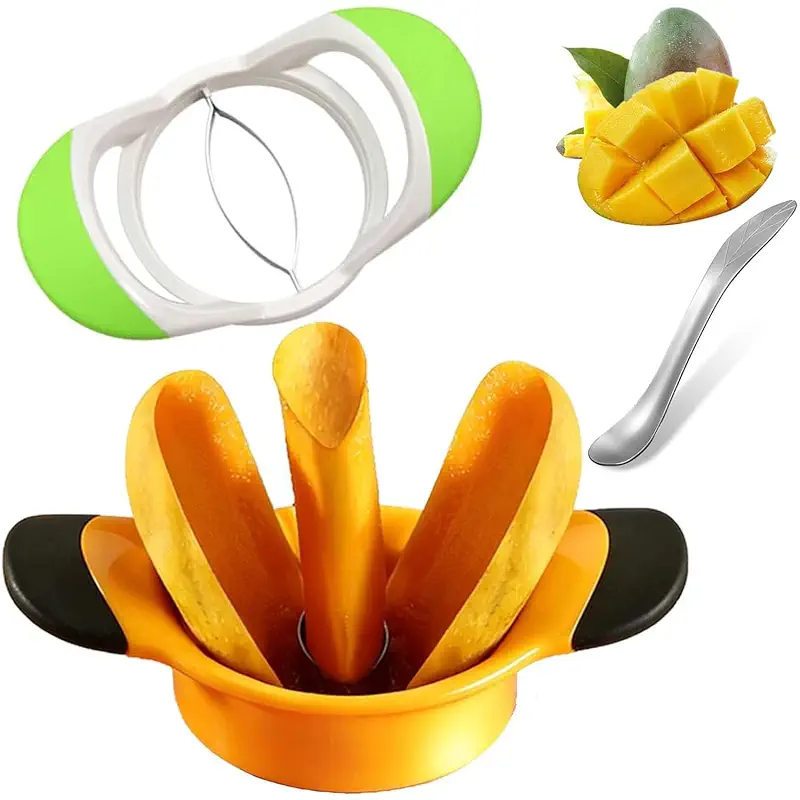 3Pcs Mango Slicer, Mango Cutter, Mango Peeler, Stainless Steel Fruit Tool | with Stainless Steel Bladefor Large/Small Mangoes - Family-Friendly Effortless Pitting for Homemade Smoothies & Desserts
