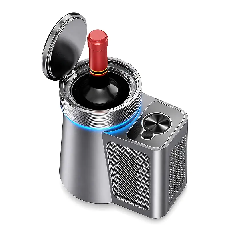 Rapid Electric Wine Chiller for 750ml Bottles Digital Temp 2-20°C Grey | Silent Semiconductor No Ice Required Keeps Cold 24h Blue Glow Light Anti-Slip Base Auto-Open Lid Home Bar Office Outdoor Use